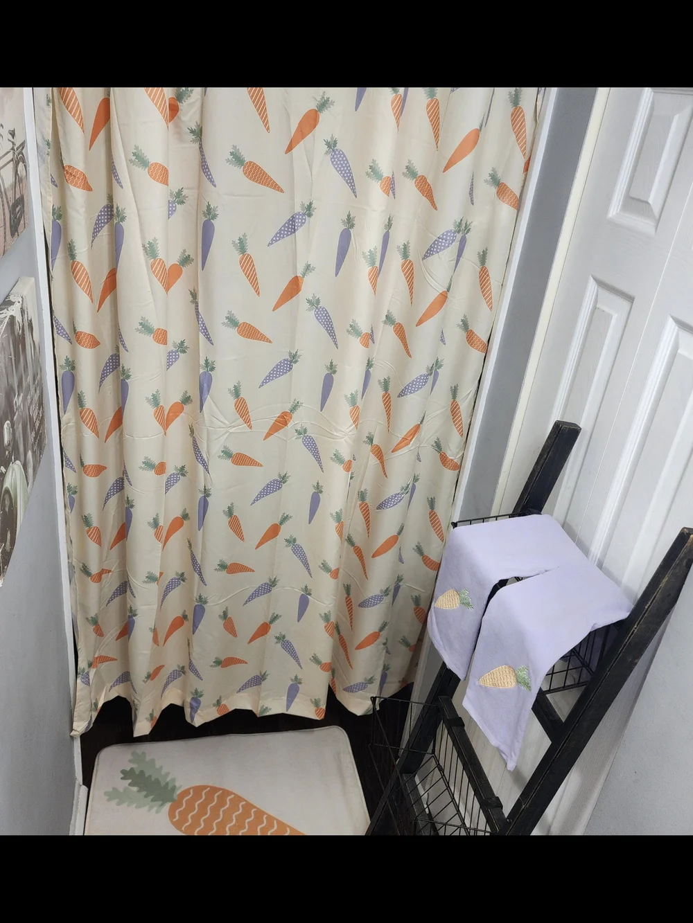 Springtime Bath Set. 6pc Carrot Pattern Shower Curtain Set - Cream/Orange/Purple